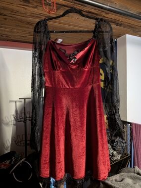 Red Velvet Dress with Black Lace Sleeves